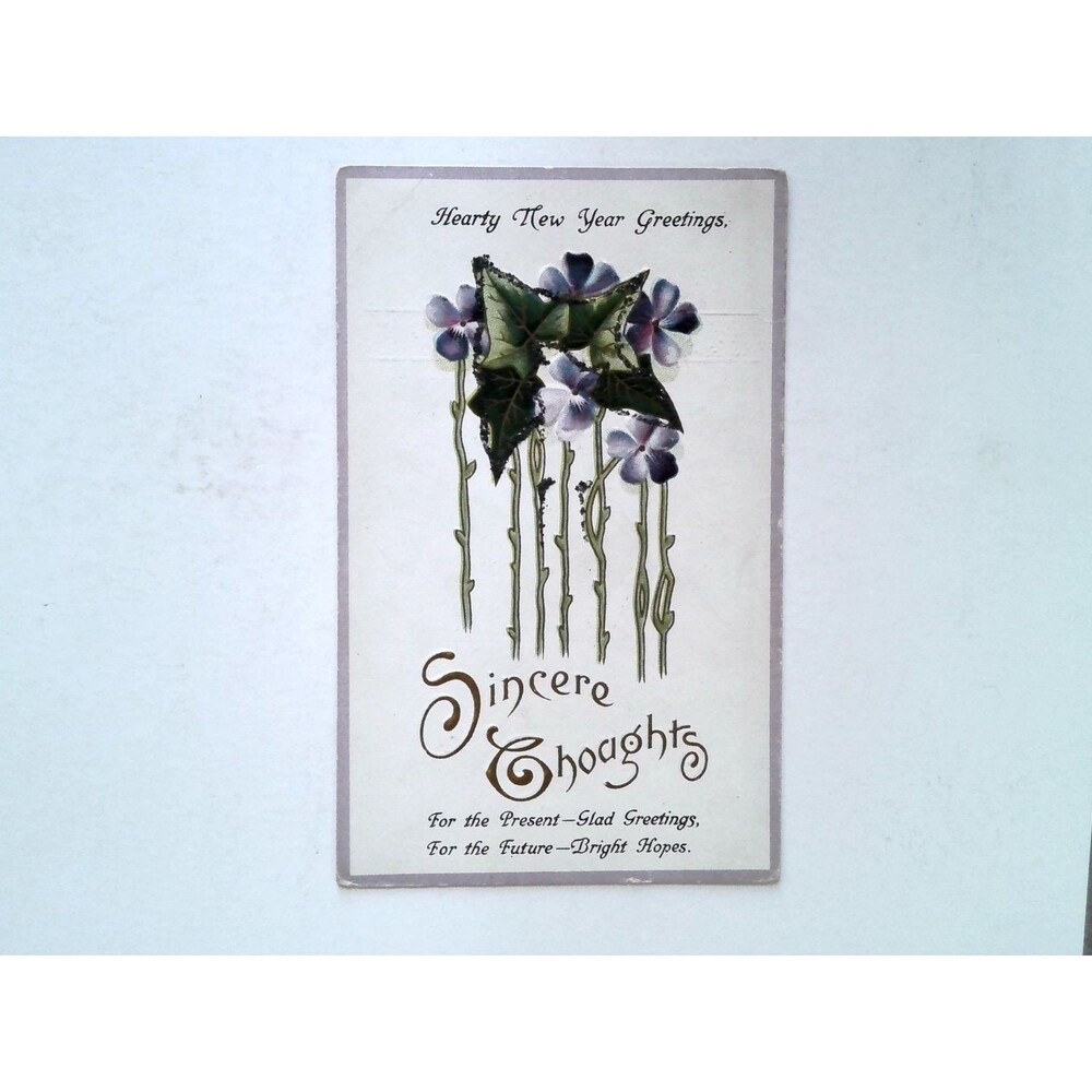New Year Greetings Postcard Embossed Pansies Floral Gold Standard Brand